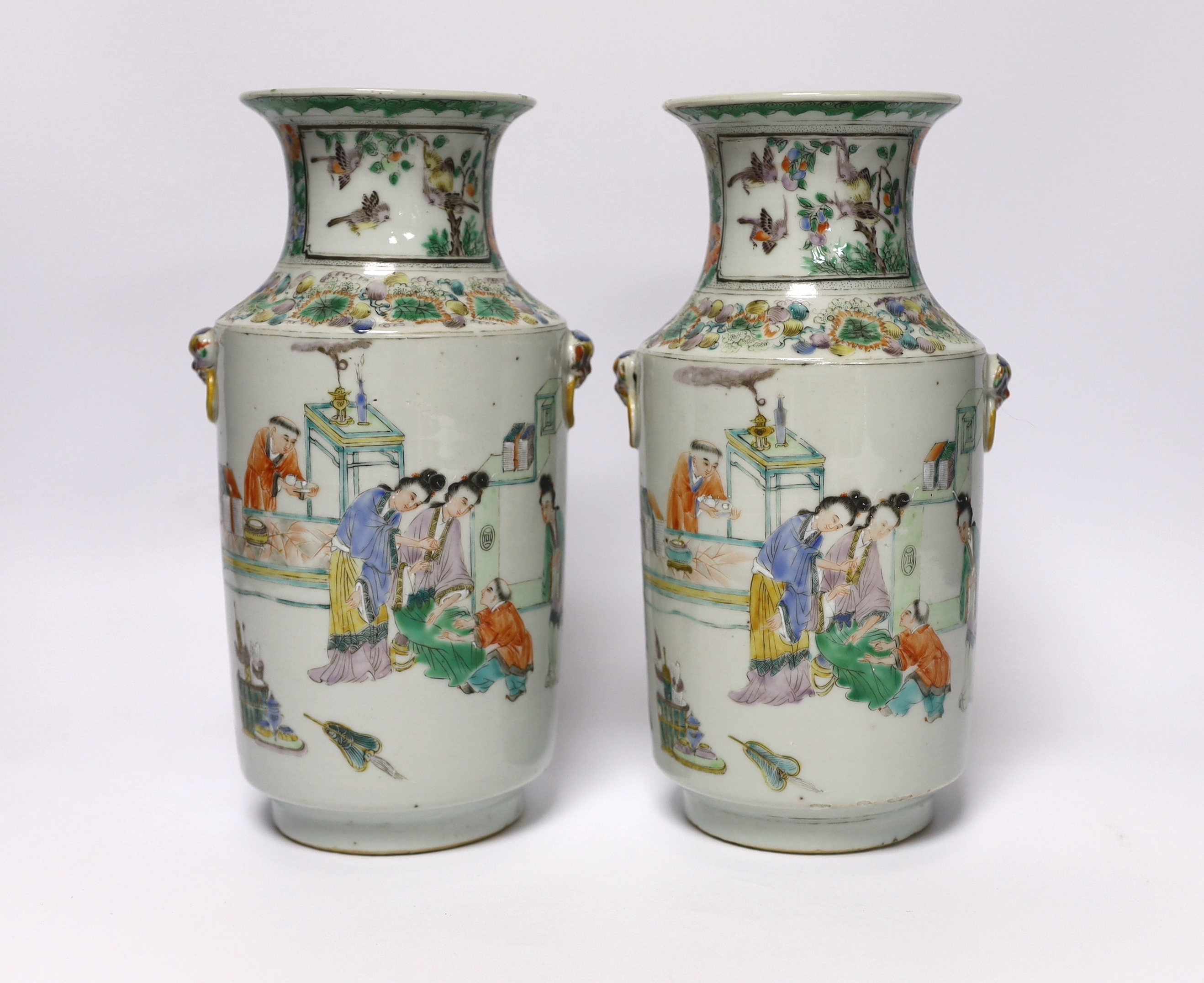 A pair of 19th century Chinese famille verte ‘ladies’ vases, 23cm